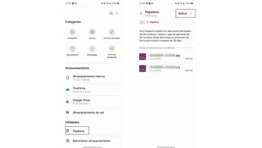 Borando papelera desde la app de Samsung Borando papelera desde la app de Samsung