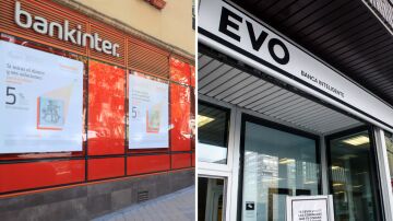 La fachada de una oficina de Bankinter a la izquierda, y de una de EVO Banco, a la derecha