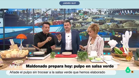 Iñaki López y Cristina Pardo degustan en este vídeo el delicioso pulpo en salsa verde del chef con estrella Michelin Carlos Maldonado, que incluye jalapeños. Para controlar este picante, explica un curioso y delicioso recurso.