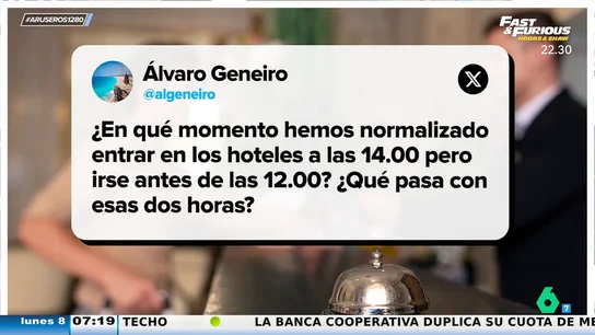 Un hombre se viraliza criticando los horarios de entrada y salida de los hoteles: "¿Qué pasa con esas dos horas?" Un hombre se viraliza criticando los horarios de entrada y salida de los hoteles: "¿Qué pasa con esas dos horas?"