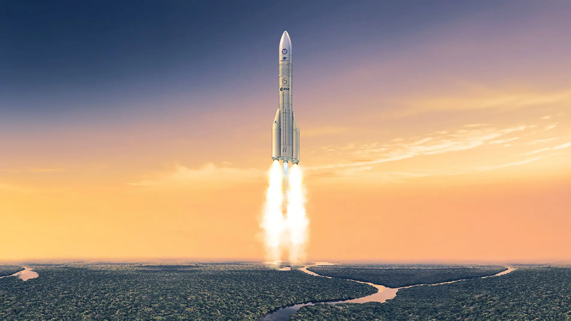 Ilustración del Ariane 6 despegando hacia el espacio Ilustración del Ariane 6 despegando hacia el espacio