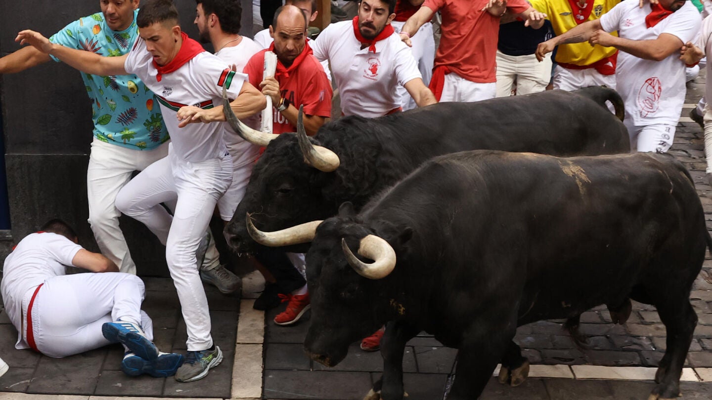 Los toros de la ganadería de Domingo Hernández Martín a su paso por la curva de Mercaderes en el quinto encierro de los Sanfermines este jueves en Pamplona. 
