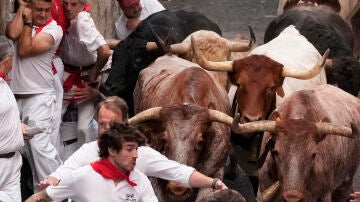 Los toros de la ganadería de Jandilla recorren la cuesta de Santo Domingo durante el sexto encierro de los Sanfermines 2024 celebrado este viernes en Pamplona.