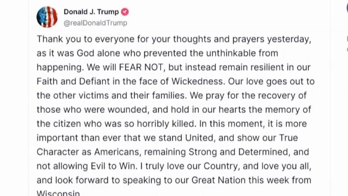 Reacción de Donald Trump a su intento de asesinato en la red social Truth Social