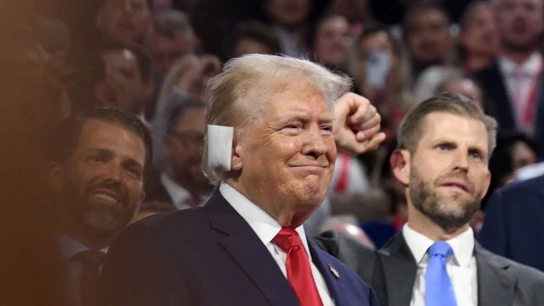 Republican National Convention in Milwaukee American businessman and Donald Trump's son, US former President and 2024 Republican presidential candidate Donald Trump and his son Eric Trump attend the first day of the 2024 Republican National Convention at the Fiserv Forum Arena in Milwaukee.