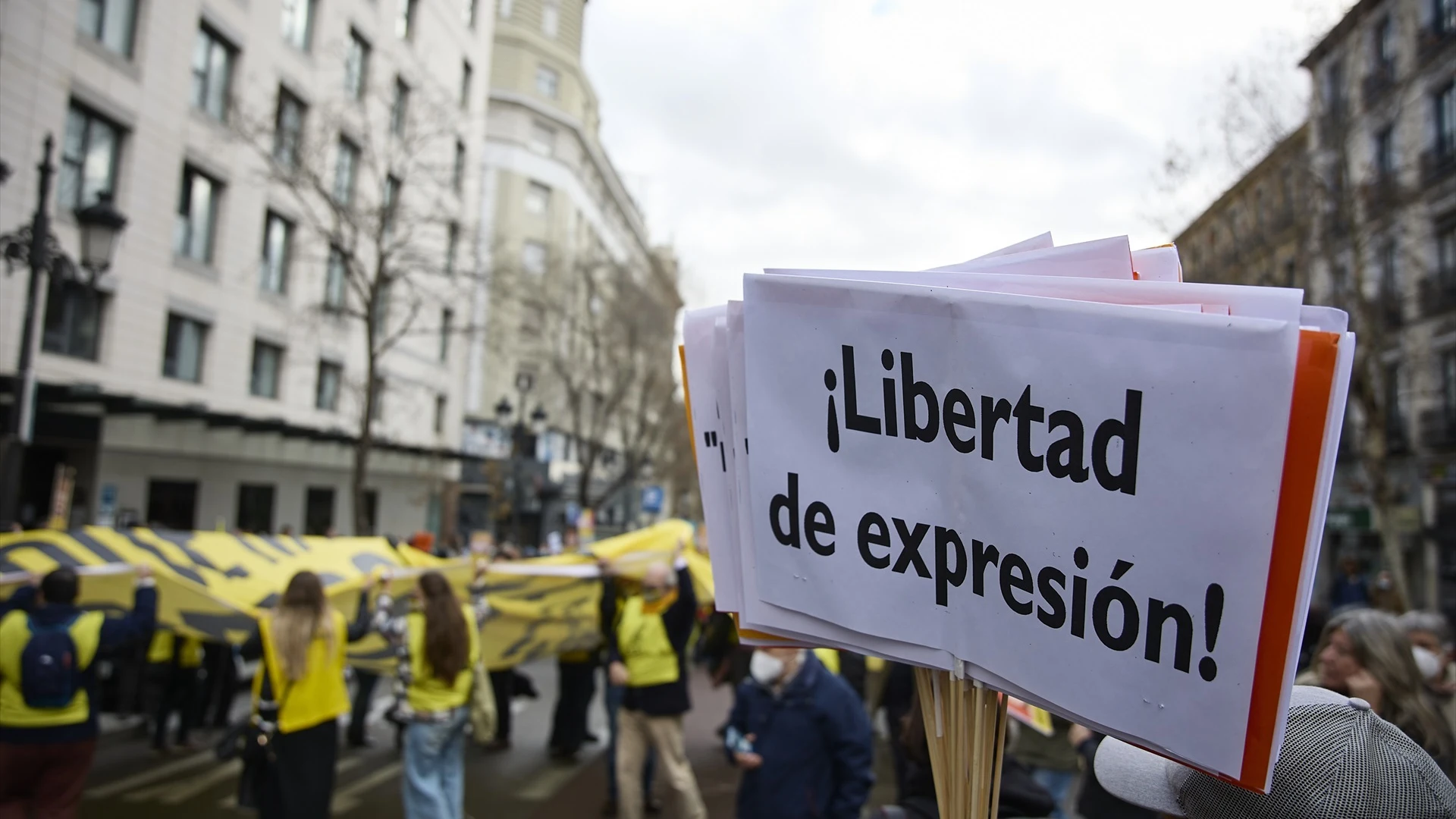 Pancartas que rezan 'Libertad de Expresión' en una manifestación contra la ley mordaza.