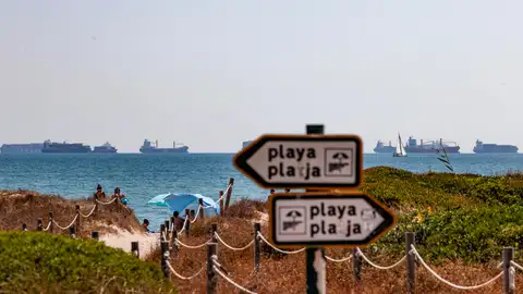 Varios barcos mercantes y portacontenedores permanecen fondeados frente la playa de El Saler.