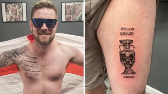 Dan Thomas muestra orgulloso su tatuaje antes de la final de la Eurocopa Se tatuó la victoria de Inglaterra antes de la final de la Eurocopa contra España y este es el resultado viral