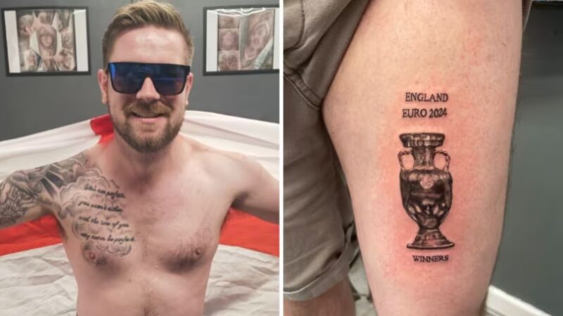 Dan Thomas muestra orgulloso su tatuaje antes de la final de la Eurocopa