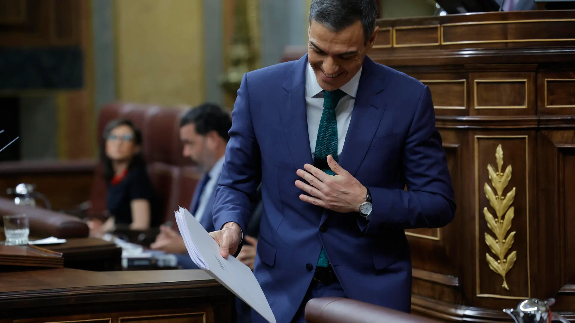 El presidente del Gobierno, Pedro Sánchez, tras intervenir este miércoles en el Congreso para presentar el plan de calidad democrática. 