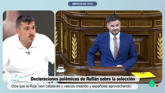 Ramón Espinar responde a Rufián por su comentario sobre catalanes y vascos en la Selección "¿Por qué Rufián lo tiene que convertir todo en esta especie de 'yo no me siento español, pero a la vez me apropio de la selección' con chabacanería?", se pregunta Ramón Espinar sobre la polémica del portavoz de ERC sobre la Selección.