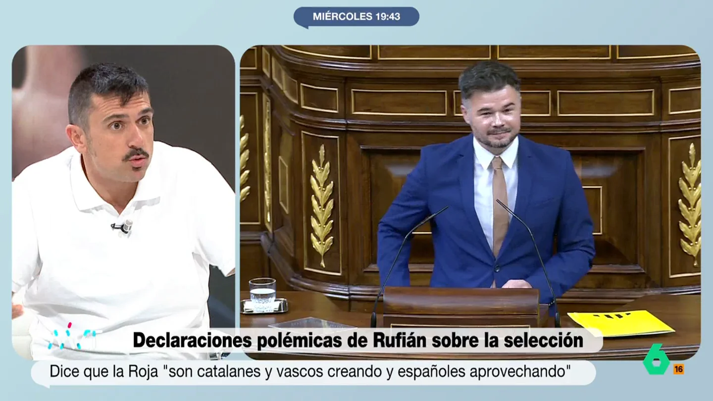 Ramón Espinar responde a Rufián por su comentario sobre catalanes y vascos en la Selección "¿Por qué Rufián lo tiene que convertir todo en esta especie de 'yo no me siento español, pero a la vez me apropio de la selección' con chabacanería?", se pregunta Ramón Espinar sobre la polémica del portavoz de ERC sobre la Selección.