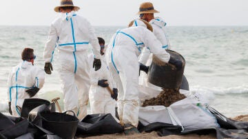 Varios operarios trabajan en la limpieza de la playa afectada.