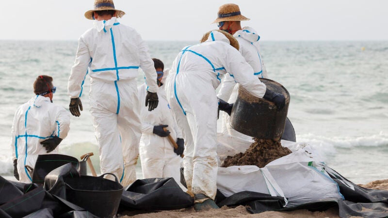 Varios operarios trabajan en la limpieza de la playa afectada.