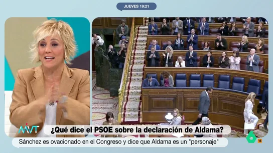 Cristina Pardo, tras el 'recibimiento' a Sánchez: "¿Conocéis algún jefe que entre a su empresa y le aplaudan los empleados?" Tras la declaración de Víctor de Aldama en al Audiencia Nacional, la bancada socialista ha mostrado su apoyo al presidente del Gobierno recibiéndolo entre vítores y aplausos.
