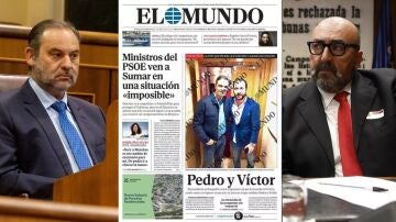 Montaje con las fotos de Ábalos y Koldo García, con la portada de El Mundo de la foto de Sánchez y Aldama