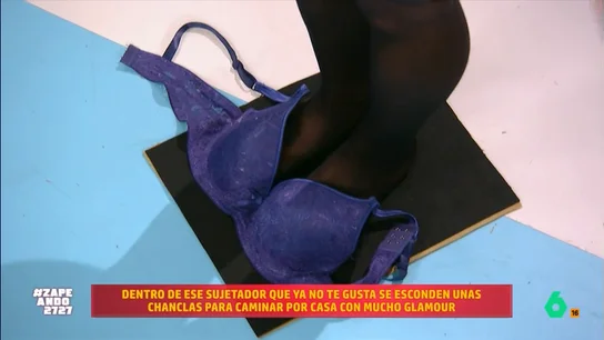 Jiaping explica cómo hacer unas chanclas con un sujetador: "Es buenísimo" La zapeadora vuelve al programa para demostrar que es posible dar una segunda vida a nuestras prendas y, así, evitar tirarlas a pesar de que estén rotas o tengan mucho uso.