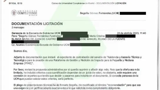 Email de la UCM a Begoña Gómez. Email de la UCM a Begoña Gómez.
