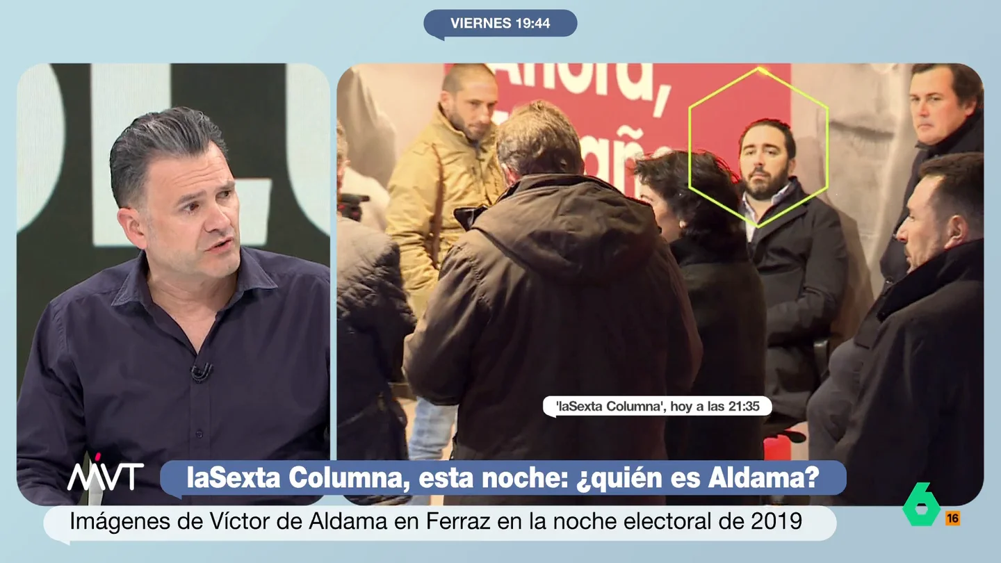 Iñaki López, al ver a Aldama en la fiesta de Ferraz: "El franquista viendo pasar políticos como en la Madrid Fashion Week" Iñaki López reacciona en este vídeo a las imágenes de laSexta Columna en las que se muestra a Aldama en la trastienda de la fiesta electoral del PSOE en 2019, así como fotos posando con una bandera preconstitucional.
