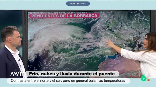 Iñaki López alucina al ver el satélite de la borrasca que llega a España: "Esto es Sauron que viene a acabar con nosotros" Joanna Ivars analiza en Más Vale Tarde la borrasca que llega a España y que dejará para el puente lluvias y frío. En este vídeo, Iñaki López reacciona al ver en la imagen por satélite una enorme acumulación de nubes.