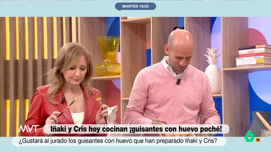 Así valoran Gonzalo Miró y Mayte Alcaraz los guisantes con huevos poché de Iñaki López y Cristina Pardo Los presentadores de Más Vale Tarde se han puesto el delantal para cocinar unos deliciosos guisantes con huevo poché gracias a las enseñanzas del chef Carlos Maldonado. ¿Habrán conseguido un aprobado?
