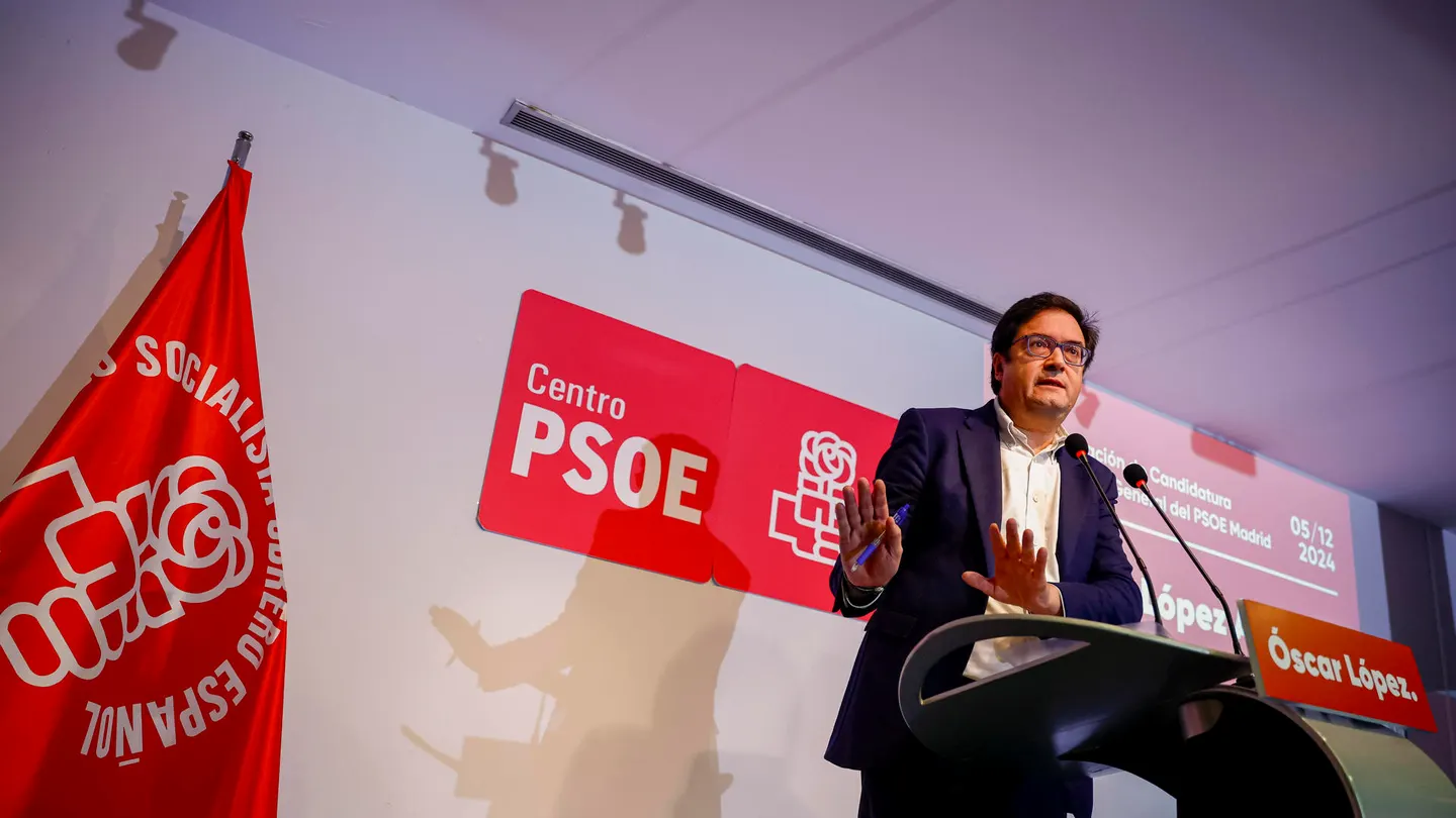 El ministro Óscar López interviene durante la presentación de su candidatura a secretario general del PSOE de Madrid. El ministro Óscar López interviene durante la presentación de su candidatura a secretario general del PSOE de Madrid.