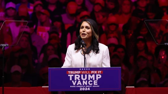 Tulsi Gabbard, en un acto de la campaña de Trump Donald Trump planea nombrar a la tránsfuga Tulsi Gabbard, "amiga" de Moscú, para dirigir los servicios de Inteligencia