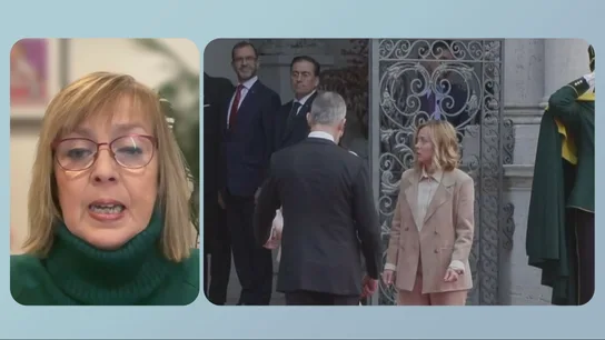 La experta en protocolo Gloria Campos analiza el paseillo y posado oficial de la primera ministra italiana, Giorgia Meloni, y los reyes de España, Felipe VI y Letizia La experta en protocolo Gloria Campos durante su intervención en Más Vale Tarde