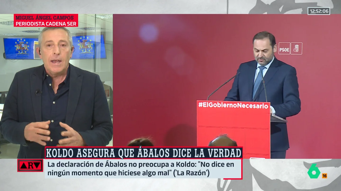 Miguel Ángel Campos confiensa que "no le sorprendió" la declaración de Ábalos: "No atribuyó una responsabilidad penal a Koldo" Miguel Ángel Campos confiensa que "no le sorprendió" la declaración de Ábalos: "No atribuyó una responsabilidad penal a Koldo"