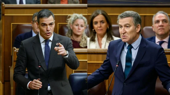 El presidente del Gobierno, Pedro Sánchez, y el presidente del PP, Alberto Núñez Feijóo, durante una sesión de control al Gobierno, en el Congreso de los Diputados, a 18 de diciembre de 2024, en Madrid (España). El presidente del Gobierno, Pedro Sánchez, y el presidente del PP, Alberto Núñez Feijóo, durante una sesión de control al Gobierno, en el Congreso de los Diputados, a 18 de diciembre de 2024, en Madrid (España).