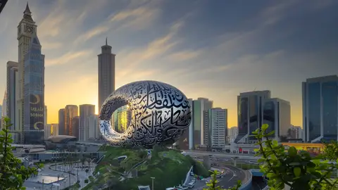 La forma única del Museo del Futuro desde el exterior La forma única del Museo del Futuro desde el exterior