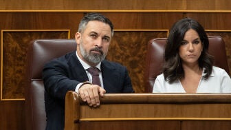 El l&iacute;der de VOX, Santiago Abascal, y la portavoz en el Congreso, Pepa Mill&aacute;n