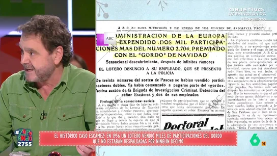 Paco Jiménez cuenta qué fue el 'caso Escámez': la histórica estafa de la Lotería de Navidad En 1956, un lotero sevillano compró diez décimos del 2.704 y decidió dividirlo en 120.000 participaciones que vendió. Lo que no esperaba es que ese año el Gordo fuera a parar, precisamente, a ese número.