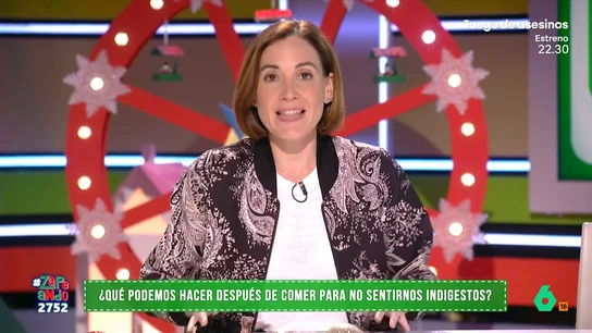 Boticaria García cuenta qué podemos hacer después de una comilona para no sentirnos indigestos La farmacéutica aconseja hacer algo que, lo más probable, apetezca muy poco hacer. La sugerencia ha provocado las quejas de Dani Mateo que afirma que, de seguir las pautas de Boticaria, su familia se enfadará con él.