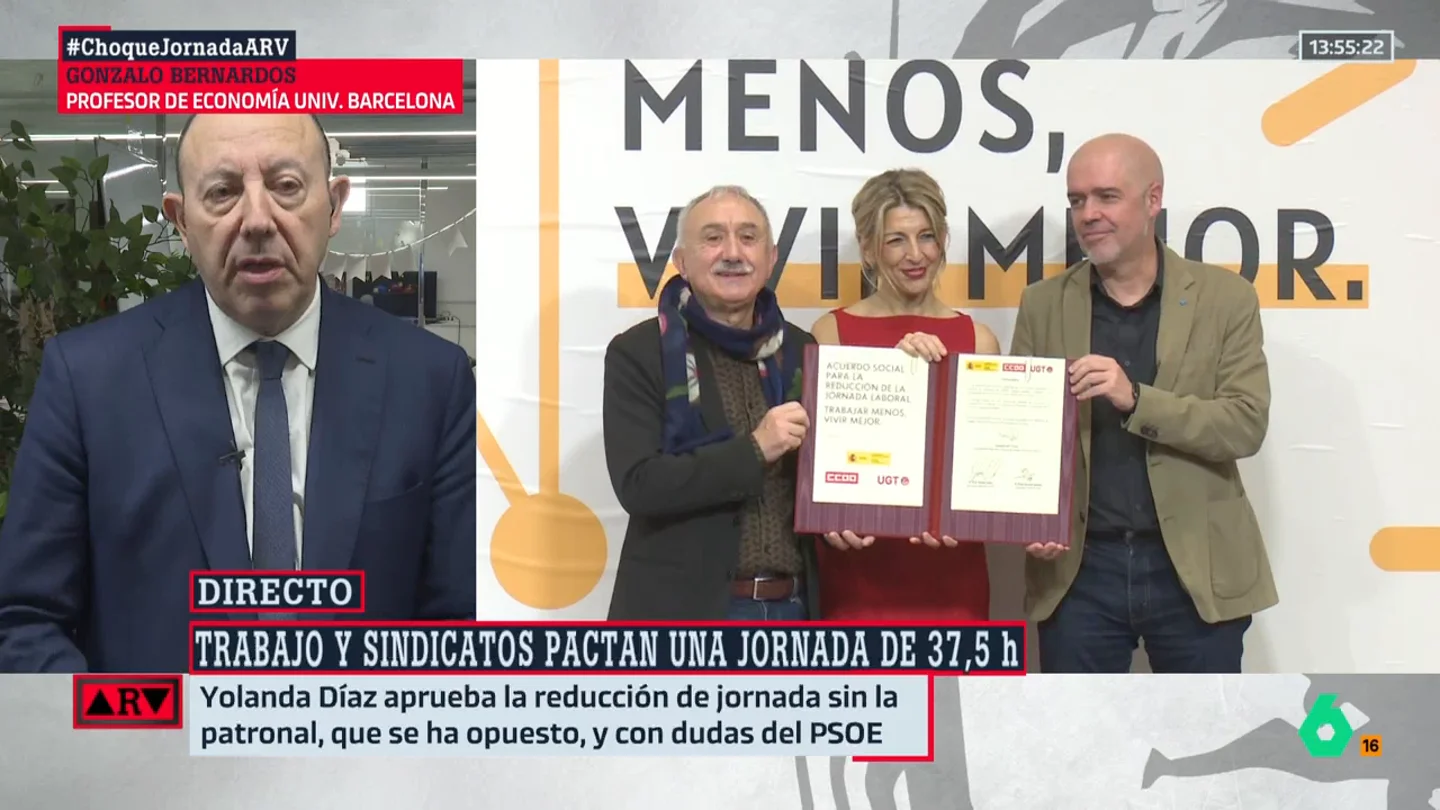 El pronóstico de Gonzalo Bernardos sobre la reducción de la jornada laboral: "Este año no vamos a tener 37,5 horas de trabajo, y es una lástima" El pronóstico de Gonzalo Bernardos sobre la reducción de la jornada laboral: "Este año no vamos a tener 37,5 horas de trabajo, y es una lástima"