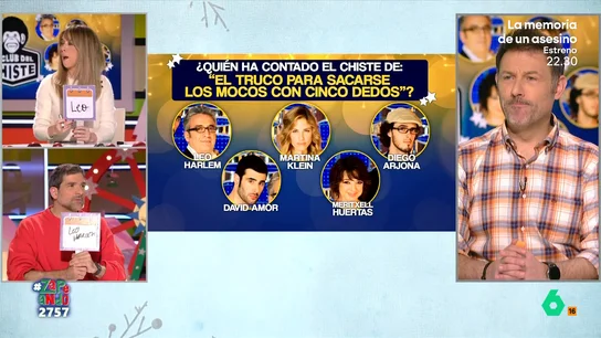 Nacho García y María Gómez se enfrentan al reto de 'El club del chiste' Nacho García y María Gómez presentarán la reunión de 'El club del chiste' del 30 de diciembre en Neox y, por ello, Iñaki Urrutia les plantea un reto: Leo Harlem, David Amor, Martina Klein, Meritxell Huertas o Diego Arjona, ¿quién contó el chiste?