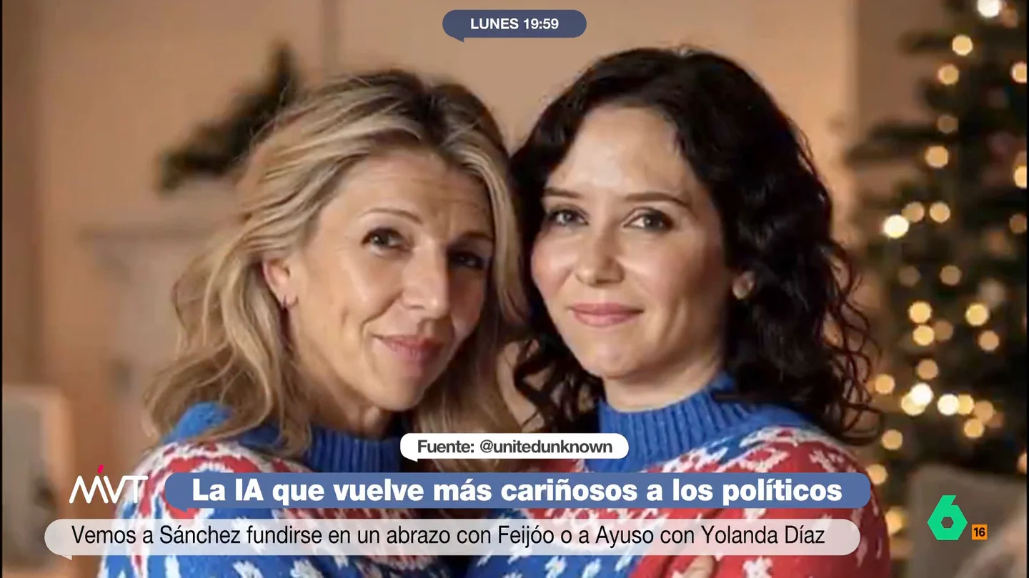 La inteligencia artificial hace mas 'cariñosos' a los políticos: el 'abrazo' viral de Sánchez y Feijóo o Yolanda Díaz y Ayuso El viral de esta Navidad lo protagonizan políticos como Pedro Sánchez, Feijóo, Yolanda Díaz, Ayuso, Santiago Abascal, Rufián o los reyes eméritos, que se abrazan, jersey navideño mediante, por obra y gracia de la inteligencia artificial.