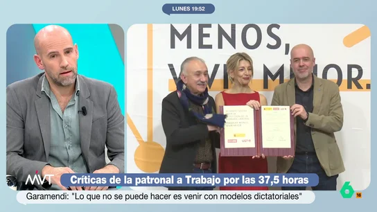 Gonzalo Miró: "Garamendi no quiere que la gente trabaje menos horas igual que no quería que se subiese el salario mínimo" Más Vale Tarde analiza en este vídeo las duras críticas de Antonio Garamendi, presidente de la CEOE, a Yolanda Díaz por la reducción de la jornada laboral. "Es un imperativo del modelo actual, le guste o no", le responde Tania Sánchez.