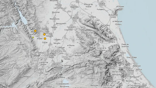 Mapa del visualizador de terremotos del IGN con los puntos donde han tenido lugar los cuatro terremotos. Mapa del visualizador de terremotos del IGN con los puntos donde han tenido lugar los cuatro terremotos.