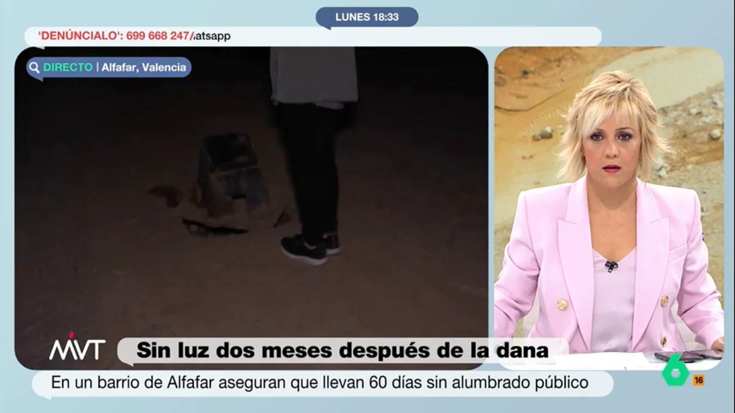 La indignación de Cristina Pardo al ver un barrio de Alfafar sin luz dos meses después de la DANA: "Esto es una vergüenza" Más Vale Tarde viaja hasta Alfafar, en Valencia, para dar voz a varios vecinos de un barrio del municipio que, 60 días después de la DANA, siguen sin alumbrado público en sus calles.