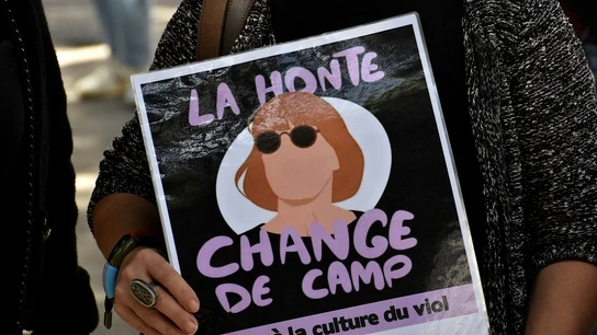 Cartel de apoyo a Gisèle Pelicot escrito en francés que dice 'La vergüenza cambia de bando. No a la cultura de la violación'. Cartel de apoyo a Gisèle Pelicot escrito en francés que dice 'La vergüenza cambia de bando. No a la cultura de la violación'.