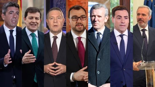El president de la Generalitat Valenciana, Carlos Mazón; el presidente de Castila y León, Alfonso Fernández Mañueco; el de Castilla-La Mancha, Emiliano García Page; el del Principado de Asturias, Adrián Barbón; el de la Xunta de Galicia, Alfonso Rueda; el lehendakari, Imanol Pradales; y el presidente de Aragón, Jorge Azcón. El president de la Generalitat Valenciana, Carlos Mazón; el presidente de Castila y León, Alfonso Fernández Mañueco; el de Castilla-La Mancha, Emiliano García Page; el del Principado de Asturias, Adrián Barbón; el de la Xunta de Galicia, Alfonso Rueda; el lehendakari, Imanol Pradales; y el presidente de Aragón, Jorge Azcón.