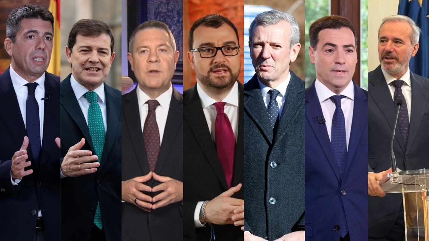 El president de la Generalitat Valenciana, Carlos Mazón; el presidente de Castila y León, Alfonso Fernández Mañueco; el de Castilla-La Mancha, Emiliano García Page; el del Principado de Asturias, Adrián Barbón; el de la Xunta de Galicia, Alfonso Rueda; el lehendakari, Imanol Pradales; y el presidente de Aragón, Jorge Azcón. El president de la Generalitat Valenciana, Carlos Mazón; el presidente de Castila y León, Alfonso Fernández Mañueco; el de Castilla-La Mancha, Emiliano García Page; el del Principado de Asturias, Adrián Barbón; el de la Xunta de Galicia, Alfonso Rueda; el lehendakari, Imanol Pradales; y el presidente de Aragón, Jorge Azcón.