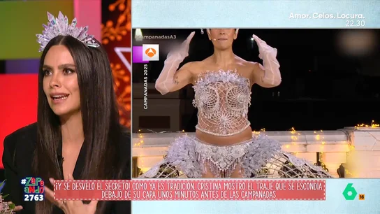 La confesión de Cristina Pedroche sobre su look de las campanadas: "Ha sido el año más complicado" La zapeadora llevó un vestido cuya confección llevó más de 2.500 horas de trabajo. Además de los más de 8.000 cristales que lo componían, la estructura completa tenía un peso de 42 kilogramos.