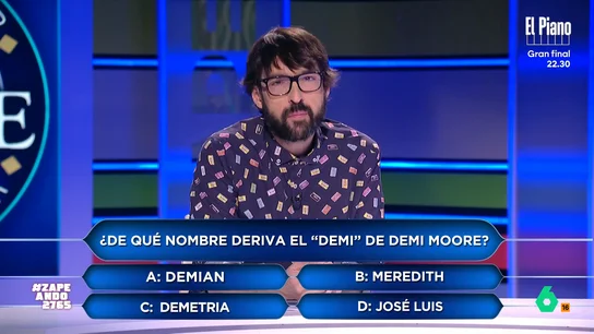 Quique Peinado intenta adivinar cuál es el nombre real de Demi Moore 'Demian', 'Meredith', 'Demetria' o 'José Luis', ¿cuál es el nombre real de Demi Moore? Quique Peinado intenta averiguarlo en este concurso sobre la flamante ganadora del Globo de Oro por su película 'La sustancia'.