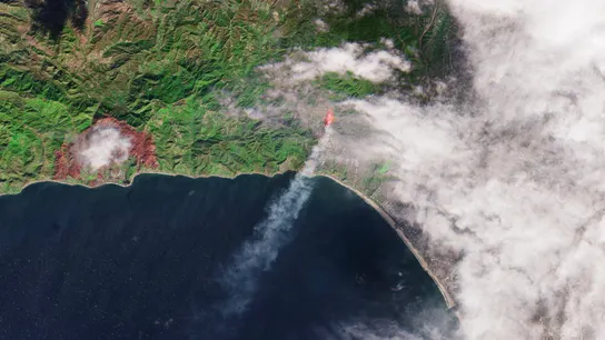 Imagen captada por la misión Sentinel-2 de Copernicus que muestra el humo que se elevaba del incendio cerca de Santa Mónica, California. Imagen captada por la misión Sentinel-2 de Copernicus que muestra el humo que se elevaba del incendio cerca de Santa Mónica, California.