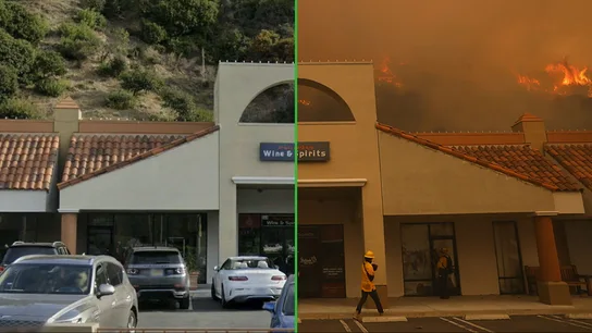 Antes y después de un supermercado en Palisades tras el paso de las llamas. Antes y después de un supermercado en Palisades tras el paso de las llamas.