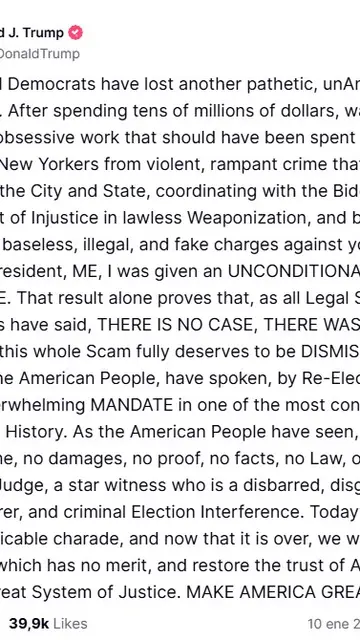 Reacción de Donald Trump en su red social, Trusth Social, tras conocerse su sentencia. Reacción de Donald Trump en su red social, Trusth Social, tras conocerse su sentencia.