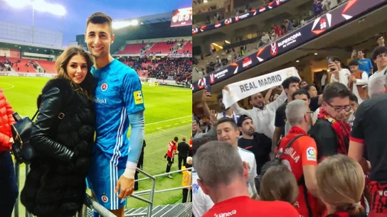 Natália Kalužová y Dominik Greif, en una imagen de Instagram, y un momento del acoso a la afición del Mallorca en Yeda, en una imagen cedida por el RCD Mallorca Natália Kalužová y Dominik Greif, en una imagen de Instagram, y un momento del acoso a la afición del Mallorca en Yeda, en una imagen cedida por el RCD Mallorca