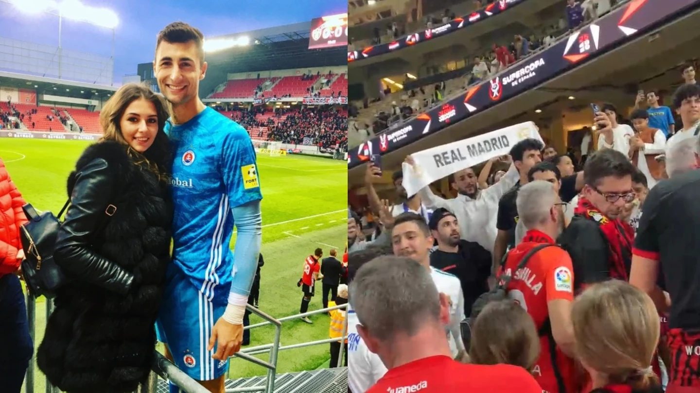 Natália Kalužová y Dominik Greif, en una imagen de Instagram, y un momento del acoso a la afición del Mallorca en Yeda, en una imagen cedida por el RCD Mallorca Natália Kalužová y Dominik Greif, en una imagen de Instagram, y un momento del acoso a la afición del Mallorca en Yeda, en una imagen cedida por el RCD Mallorca